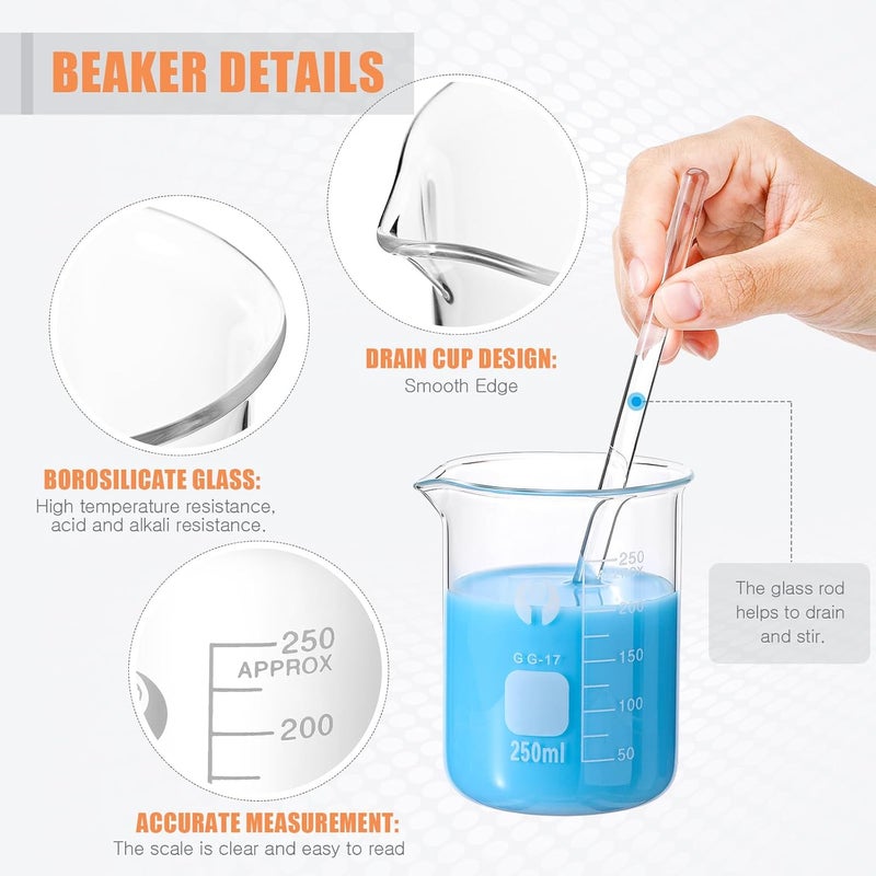 Feekoon 10 Pieces Glass Measuring Beaker Graduated Measuring Cylinder with Stirring Rod 50/100/ 250/500/ 1000 ml Thick Glass Beakers 5/10/ 50/100 ml Graduated Cylinders for Science Lab(5.9 Inch) - Image 4